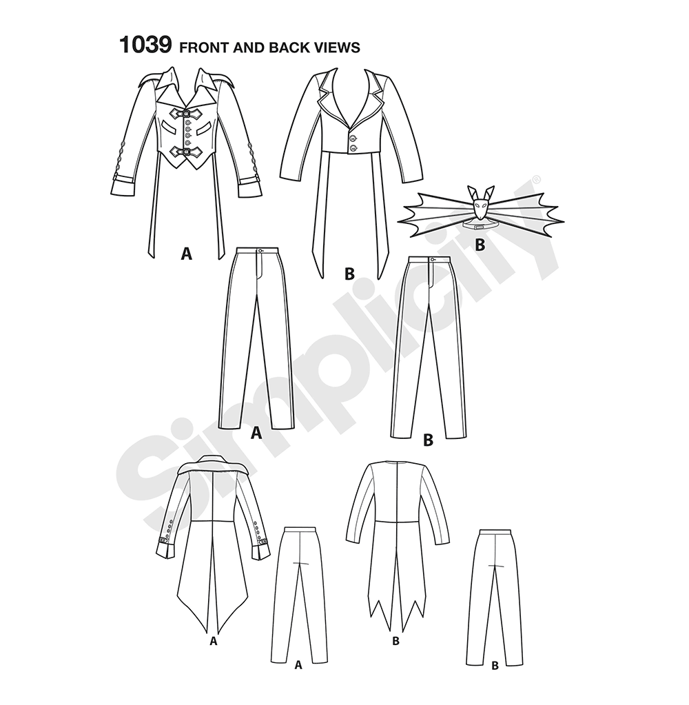 Simplicity S1039 sewing pattern envelope showing men's steampunk and skeleton tailcoat costumes