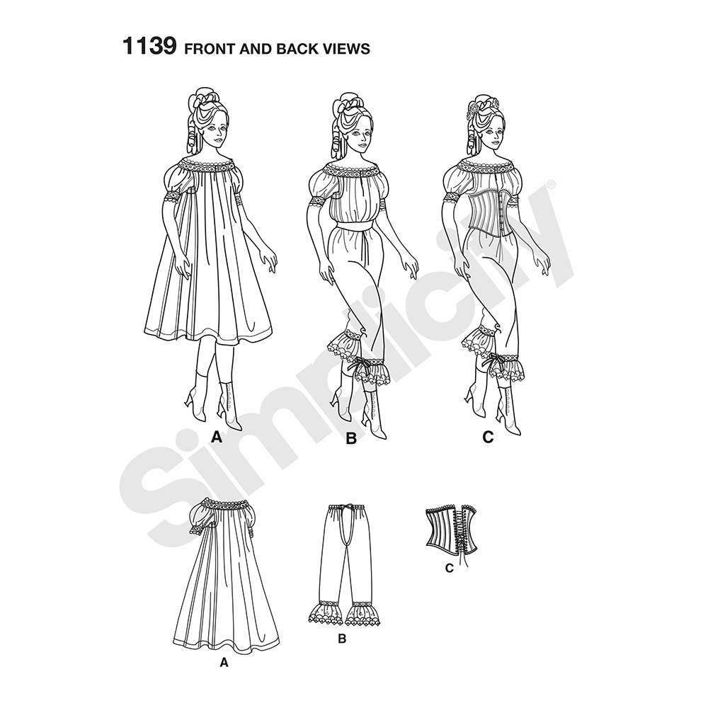 Simplicity S1139 sewing pattern envelope showing Victorian chemise, drawers and corset