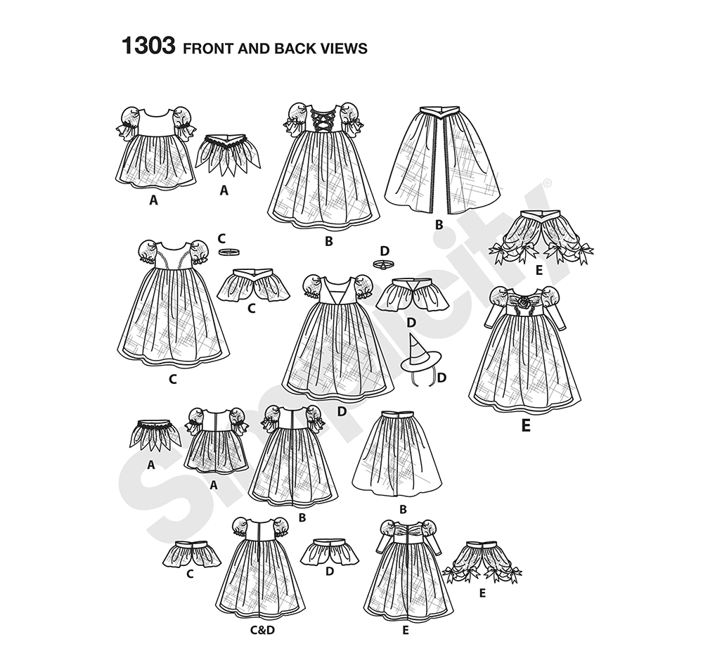 Simplicity 1303 pattern envelope showing children in princess, fairy and witch costumes