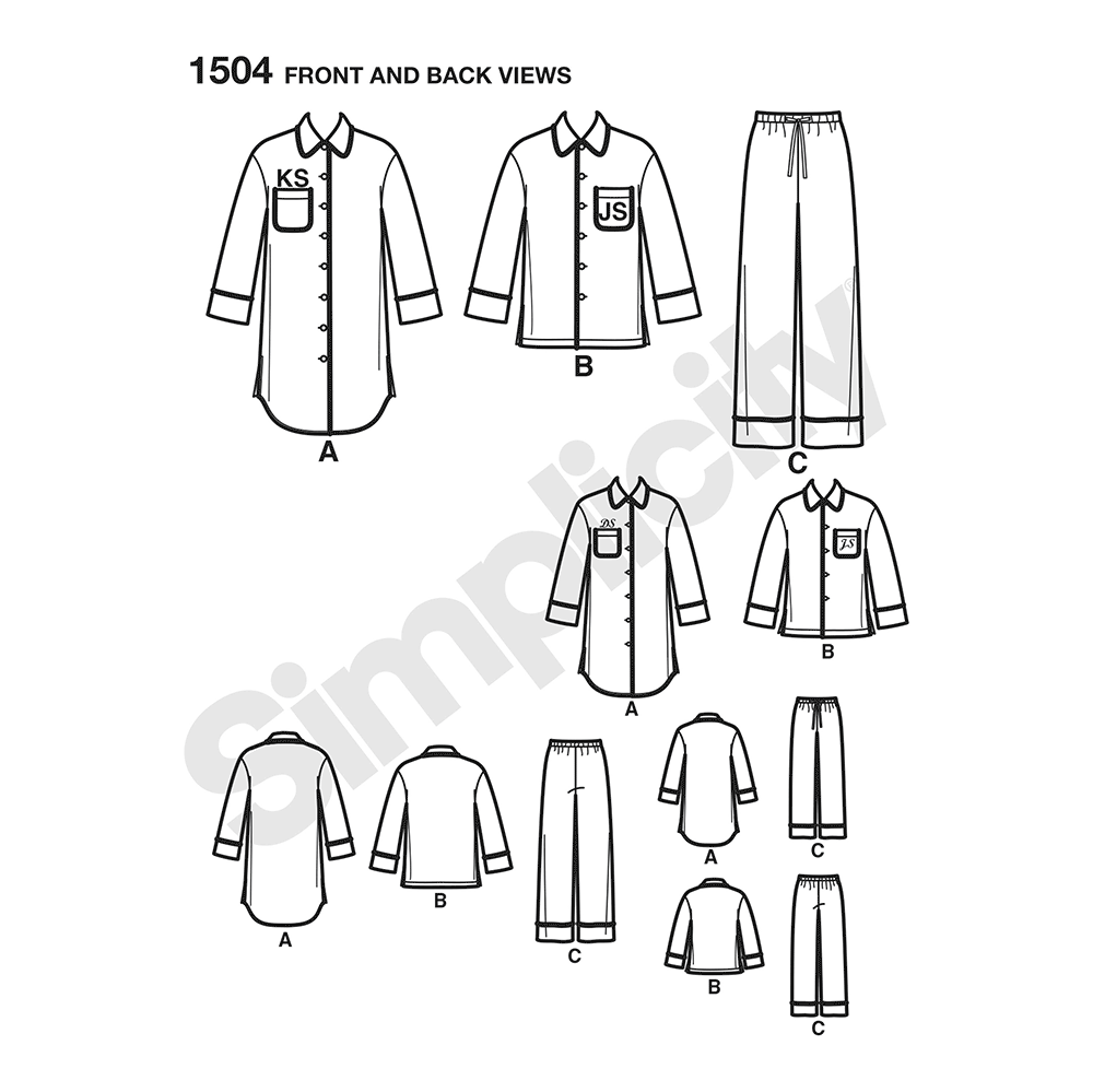 Simplicity 1504 pattern envelope showing family loungewear shirts and trousers