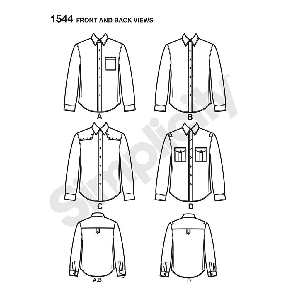Simplicity 1544 pattern envelope showing men's button-front shirts