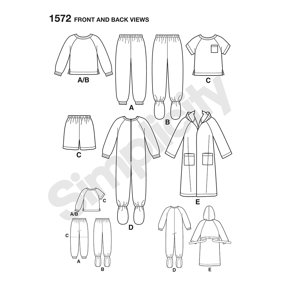 Simplicity S1572 sewing pattern envelope showing toddler and child sleepwear