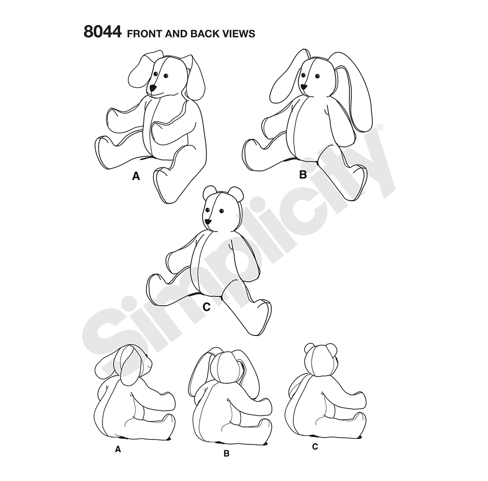 Simplicity 8044 sewing pattern envelope showing stuffed animals designs
