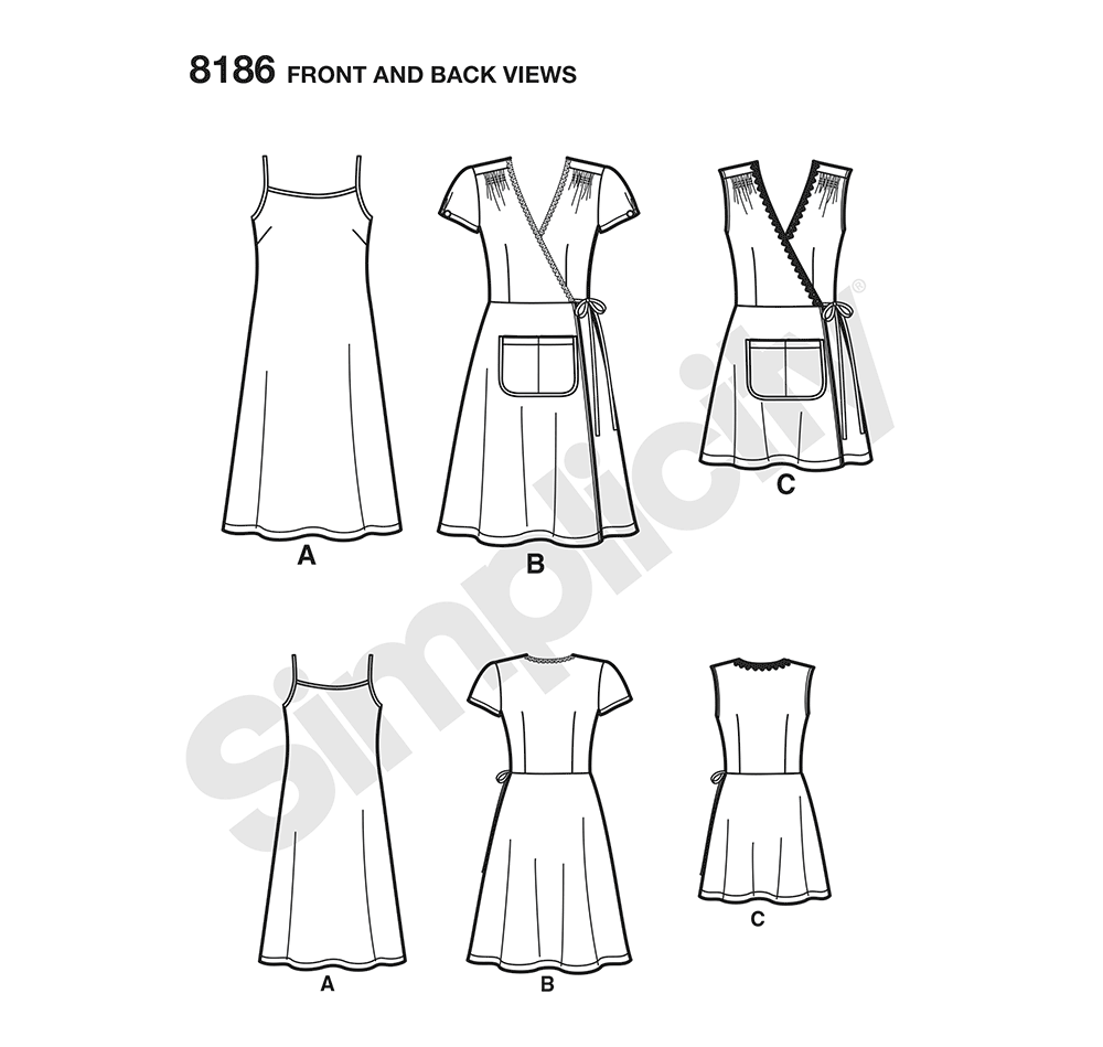 Simplicity 8186 sewing pattern envelope showing dottie angel wrap and slip dress designs