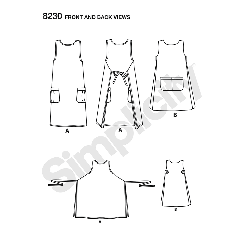 Simplicity 8230 sewing pattern envelope showing dottie angel apron dress designs