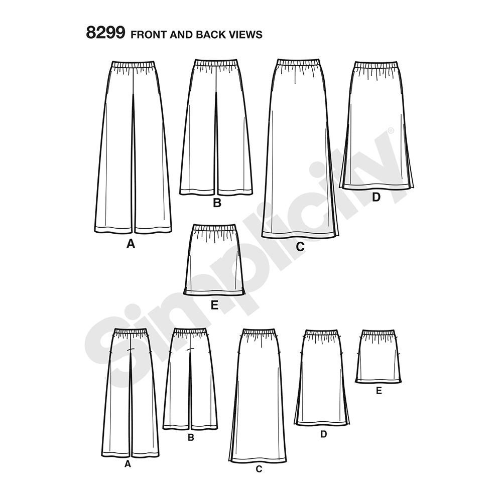 Simplicity S8299 sewing pattern envelope showing skirt and trousers