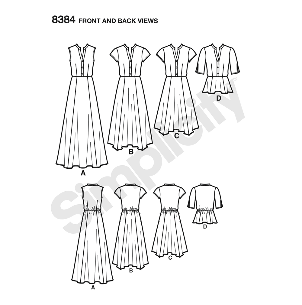 Simplicity S8384 sewing pattern envelope showing shirt dresses