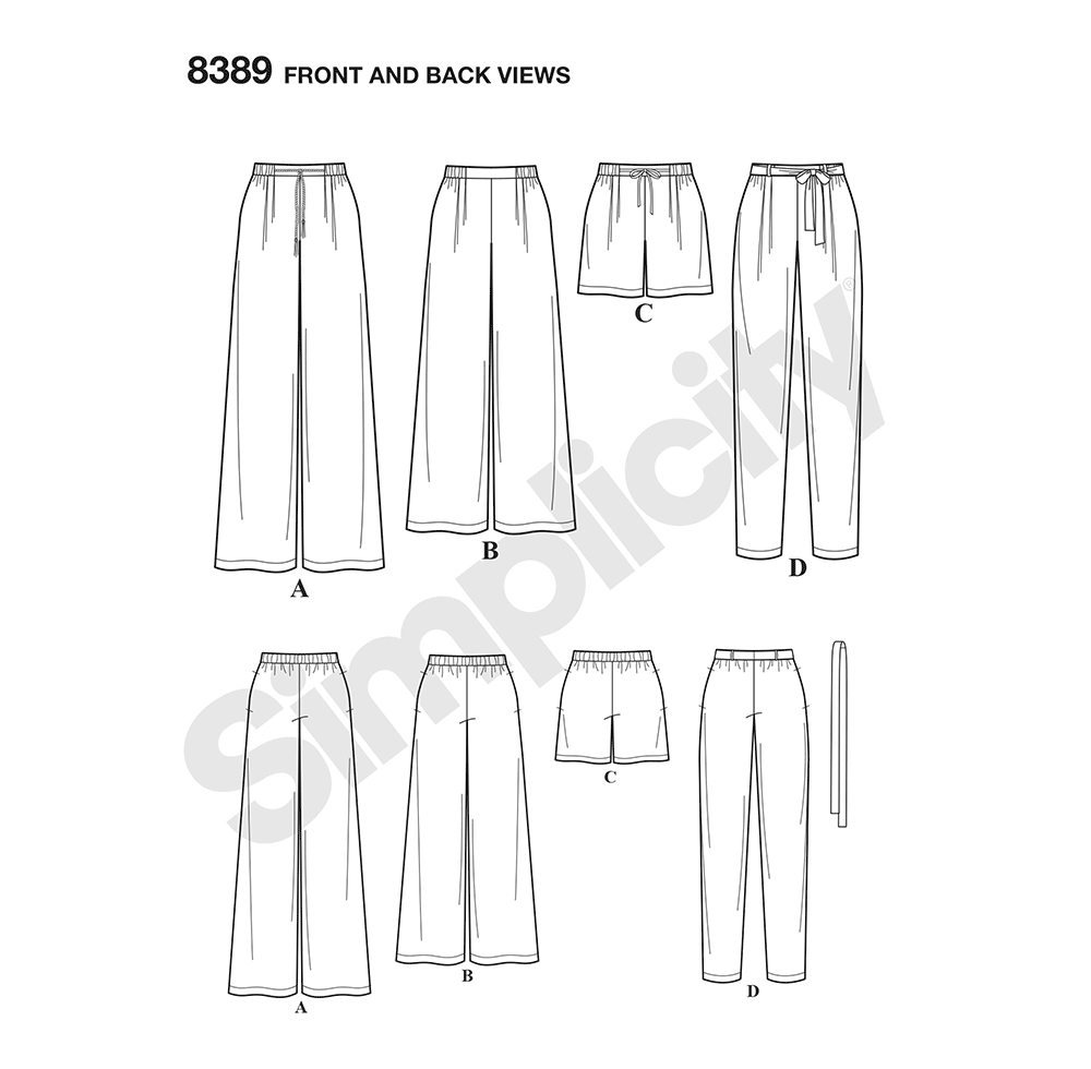 Simplicity S8389 sewing pattern envelope showing trousers in different lengths