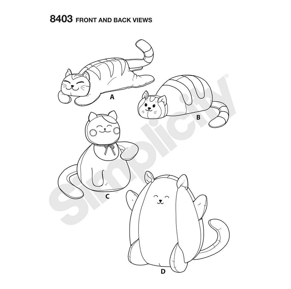 Simplicity S8403 sewing pattern envelope showing fleece stuffed cats