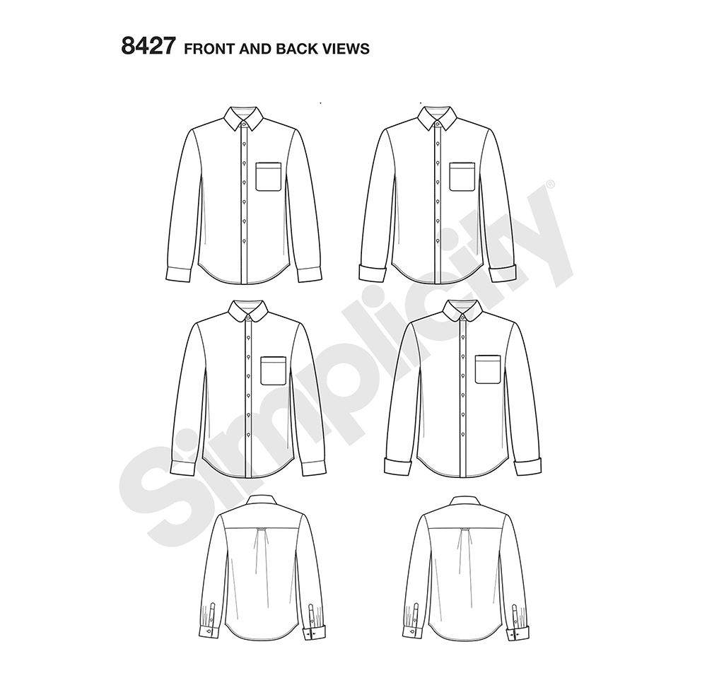 Simplicity S8427 sewing pattern envelope showing men's fitted shirts