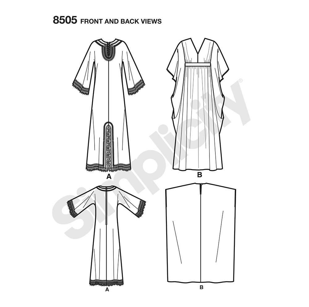 Simplicity S8505 sewing pattern envelope showing ankle-length caftans