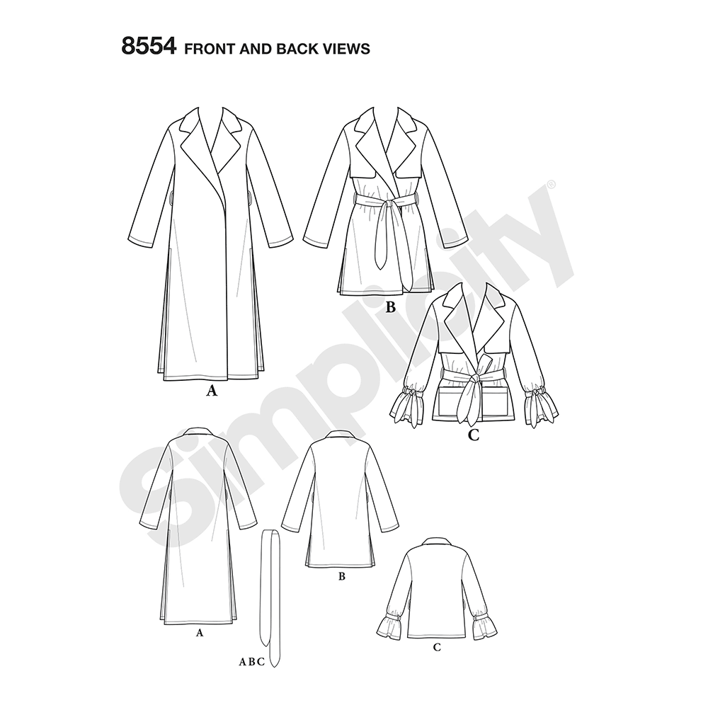 Simplicity sewing pattern S8554 envelope showing soft trench coat and jacket
