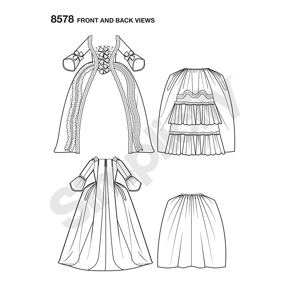Simplicity sewing pattern S8578 envelope showing 18th century gown
