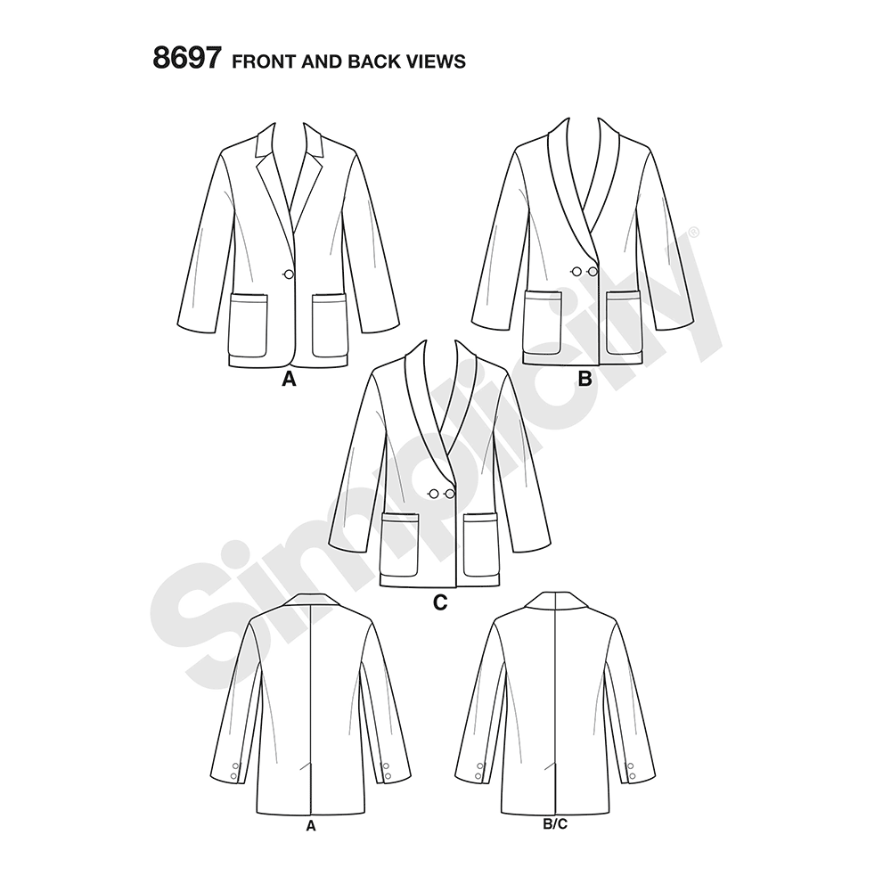 Simplicity S8697 sewing pattern envelope showing women's plus size boyfriend blazer