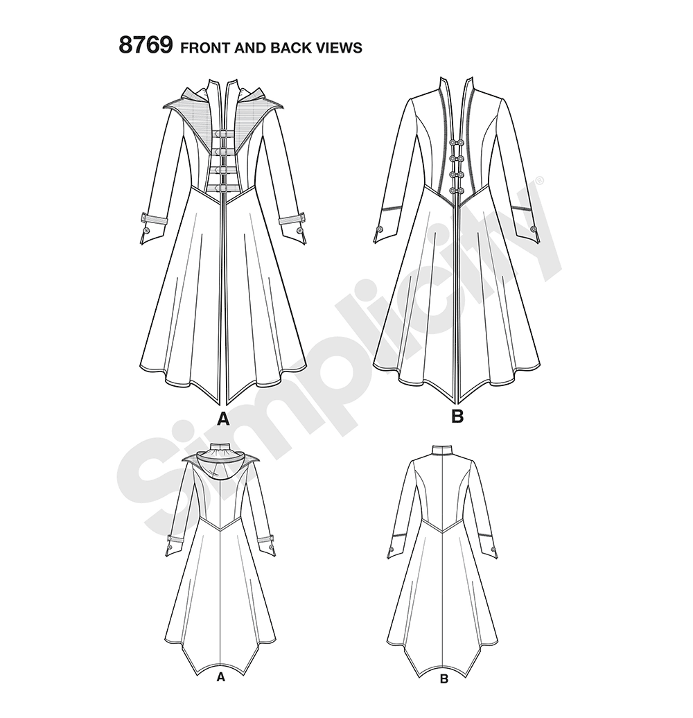 Simplicity S8769 sewing pattern envelope showing misses' military cosplay coat