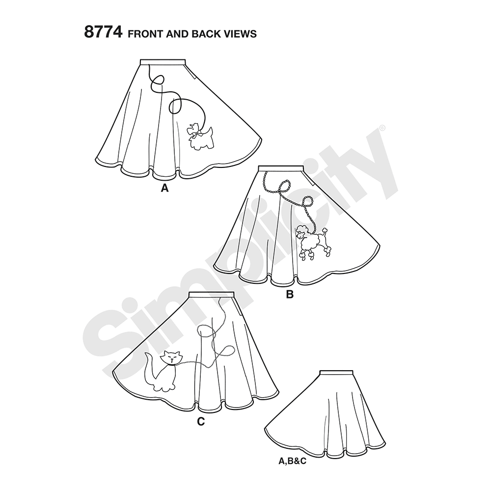 Simplicity S8774 sewing pattern envelope showing child's & girls' poodle skirt
