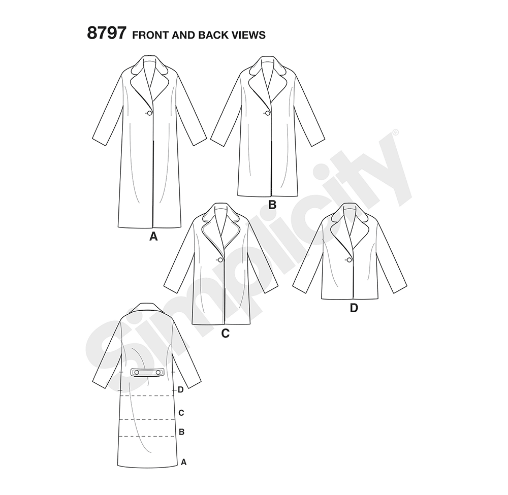 Simplicity S8797 sewing pattern envelope showing misses' oversized coat