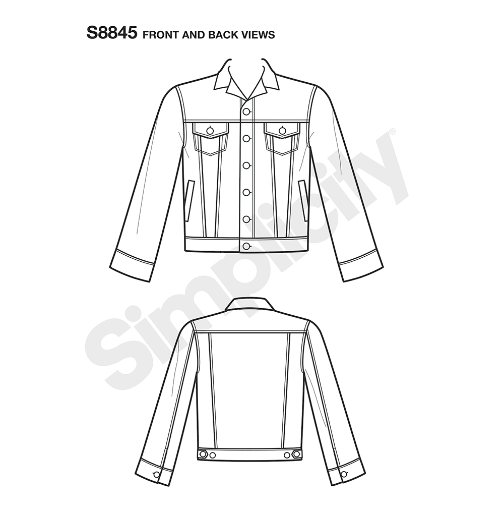 Simplicity S8845 sewing pattern envelope showing unisex denim jacket designs
