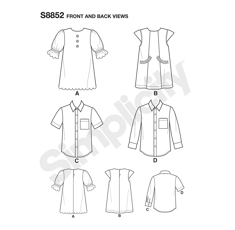 Simplicity S8852 sewing pattern envelope showing child's casual wear designs