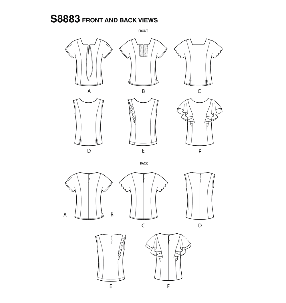 Simplicity S8883 sewing pattern envelope showing misses' princess seam tops designs