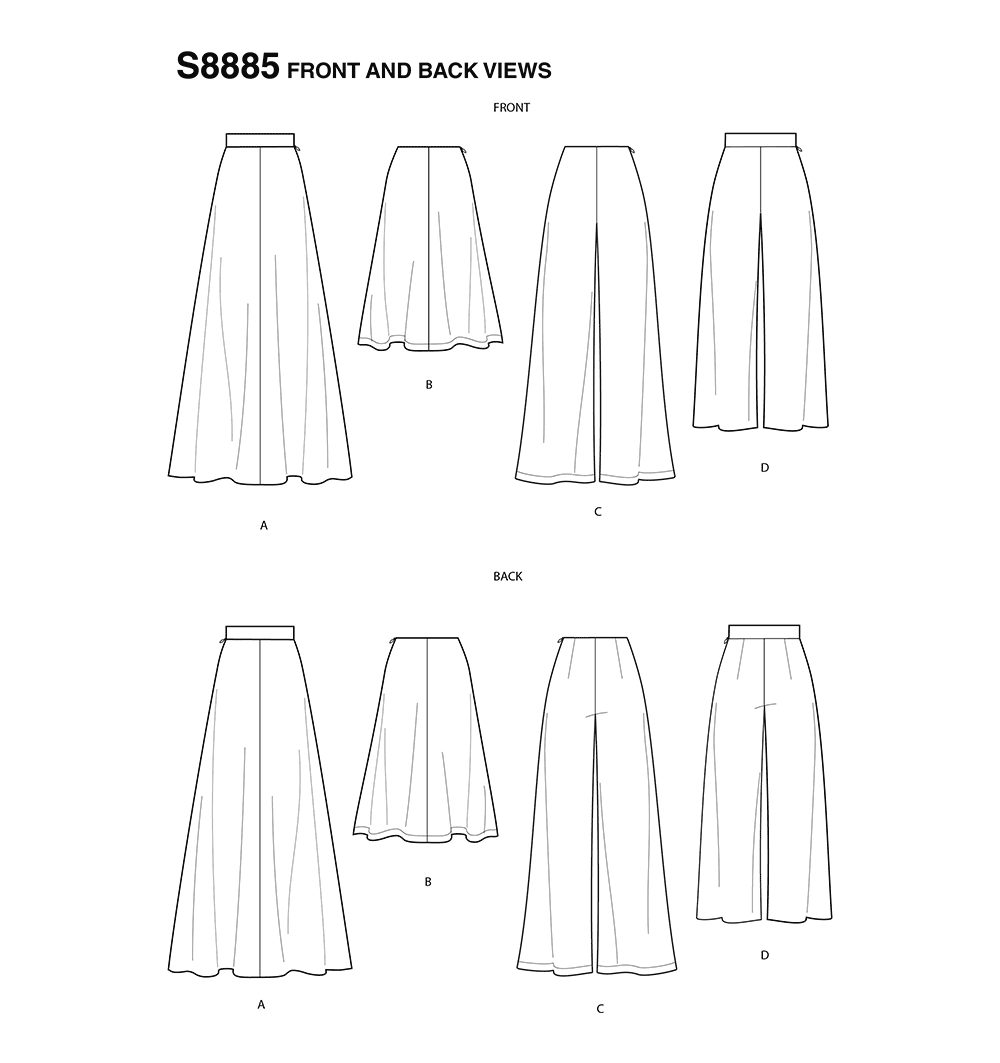 Simplicity S8885 sewing pattern envelope showing misses' skirt designs