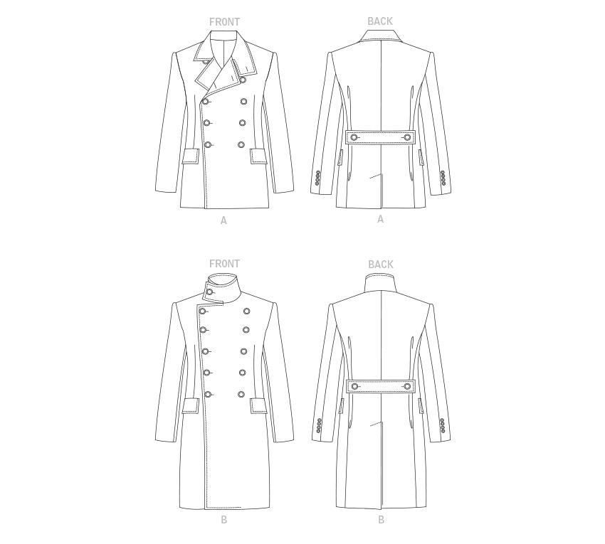 Vogue V1853 pattern envelope showing the double-breasted coat designs