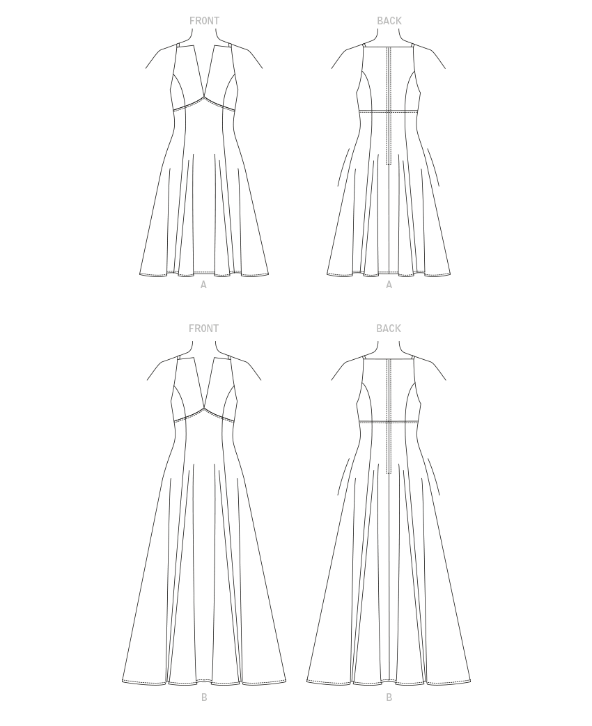 Vogue Patterns V1882 pattern envelope showing the lined v-neck fit and flare dress designs
