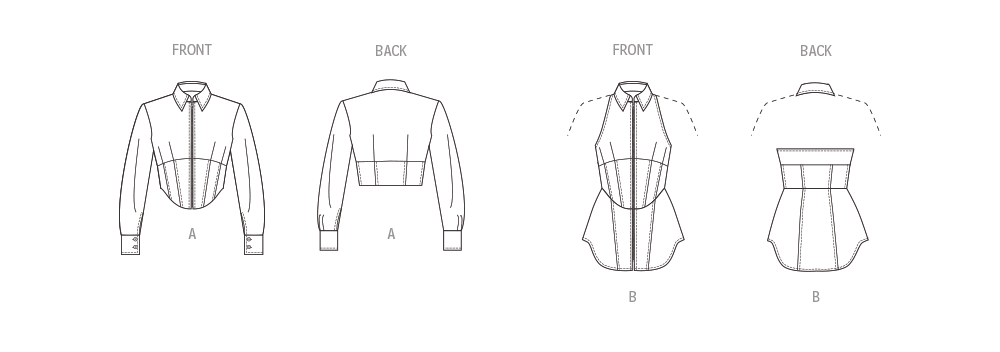 Vogue Patterns V1956 envelope showing the close-fitting tops with corset waist detail