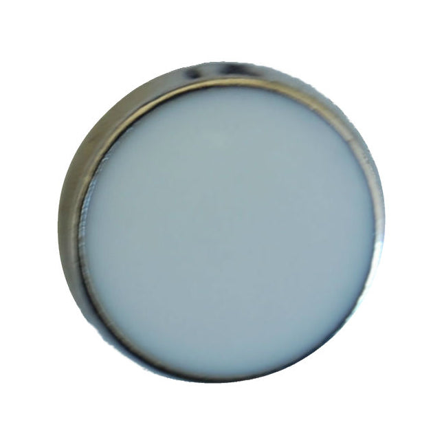 Pale blue button with a silver-tone rim