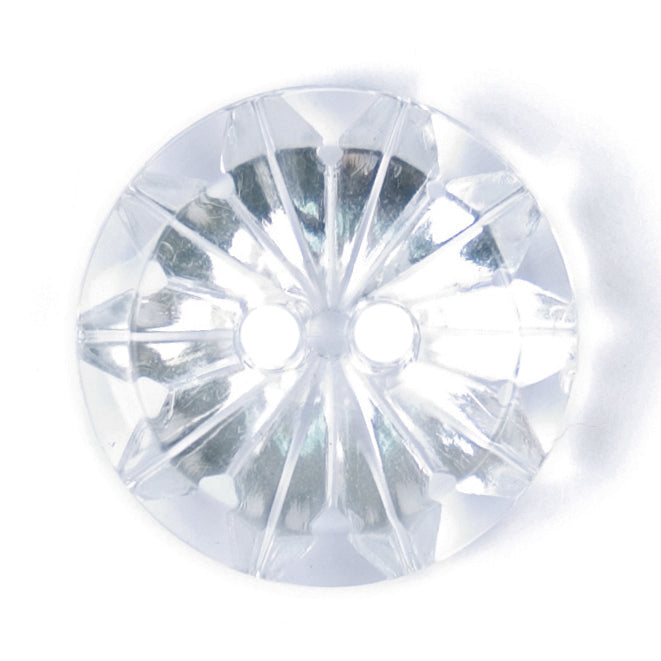 Clear faceted 2-hole button with star-cut pattern