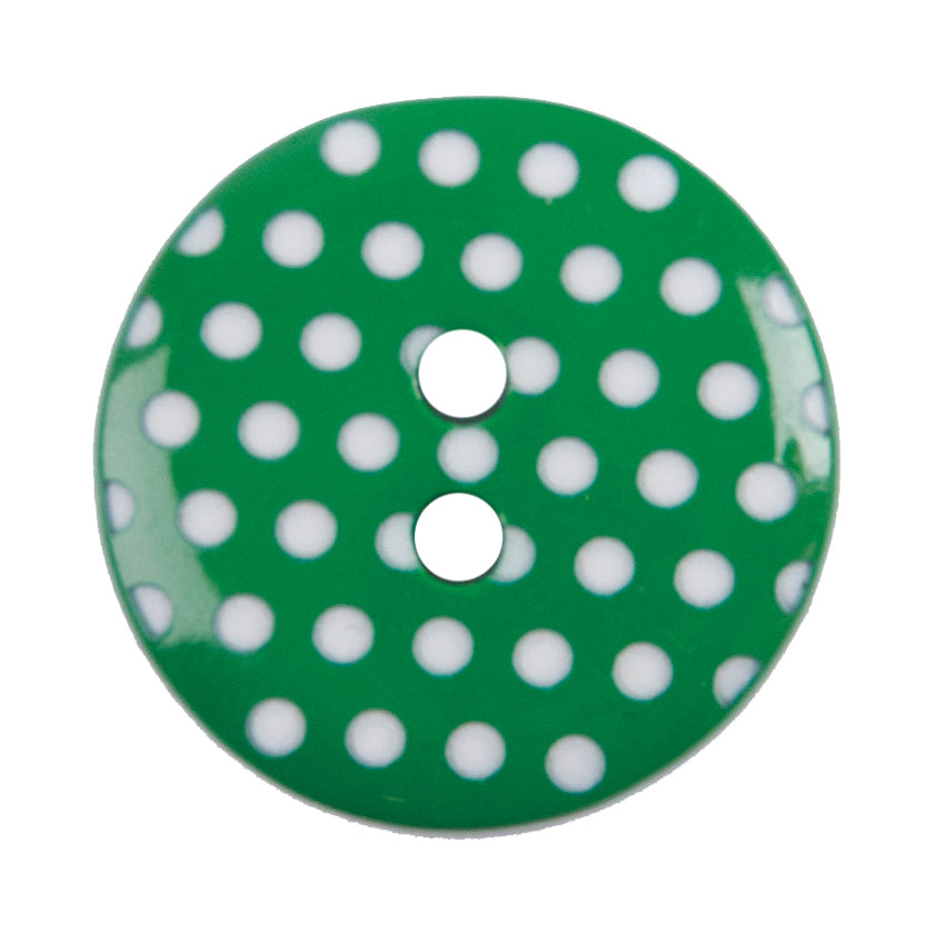 Green two-hole button with white polka dots