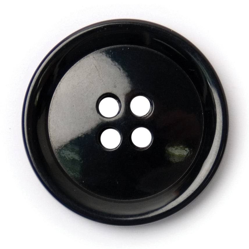 Glossy black four-hole button with a wide rim