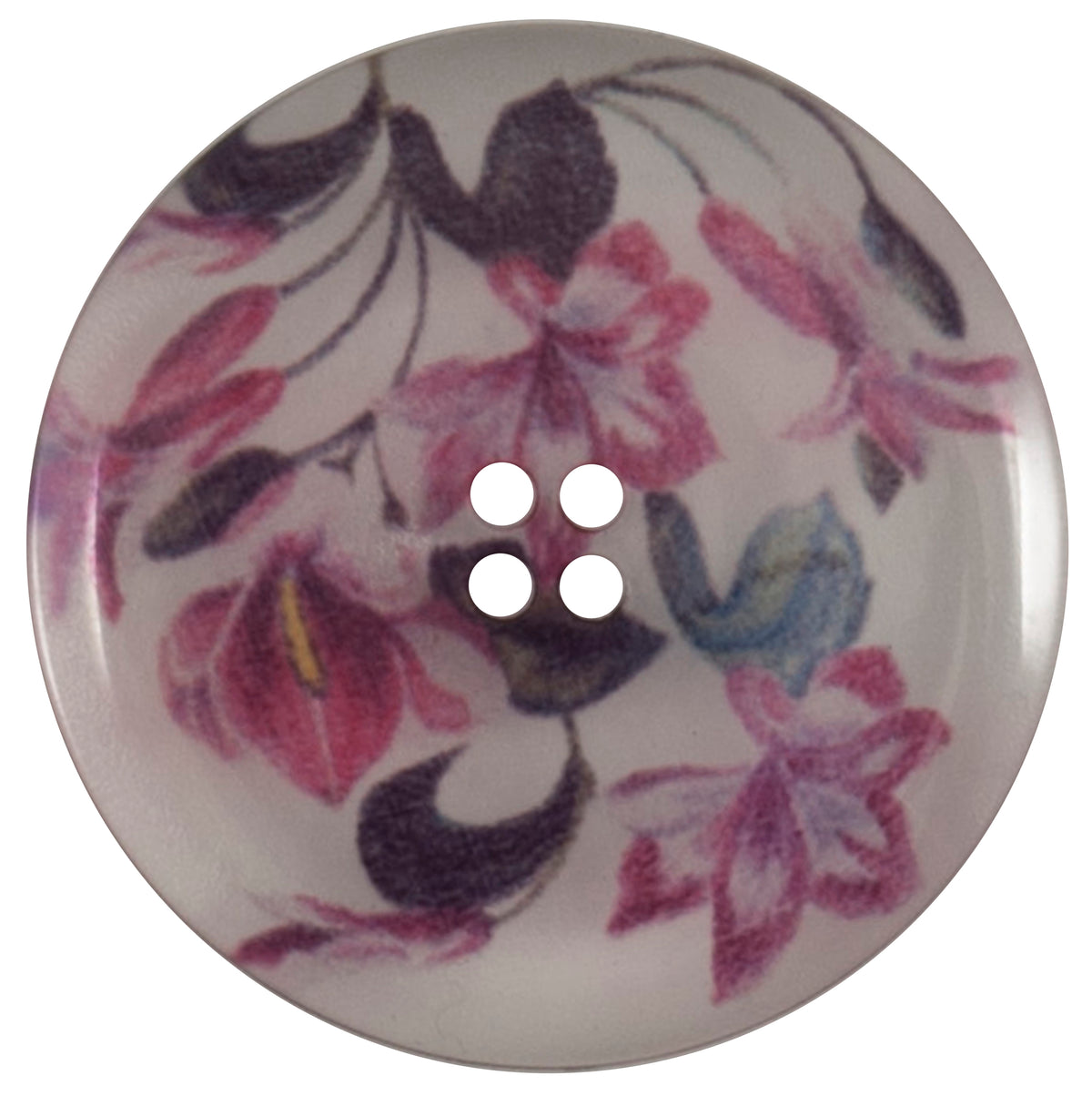 Large white four-hole button printed with pink and purple flowers