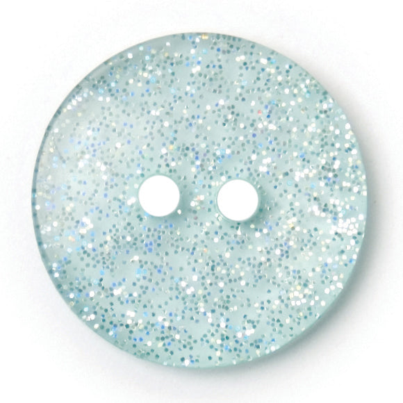 Pale aqua round button with silver glitter set into a clear finish