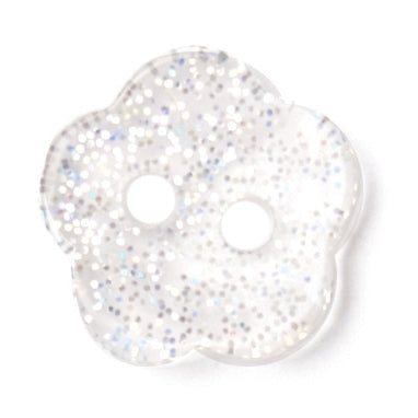 Clear flower-shaped button with silver glitter