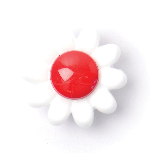 White daisy-shaped button with a glossy red centre