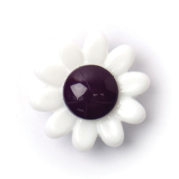 White daisy-shaped button with a glossy plum centre