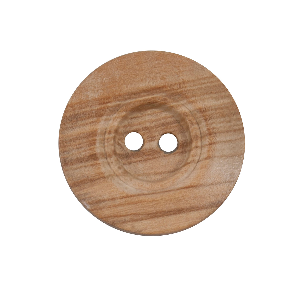 Round button with a natural wood grain finish
