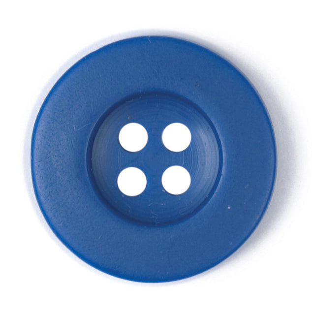 Round royal blue 4-hole button with raised rim, 17mm