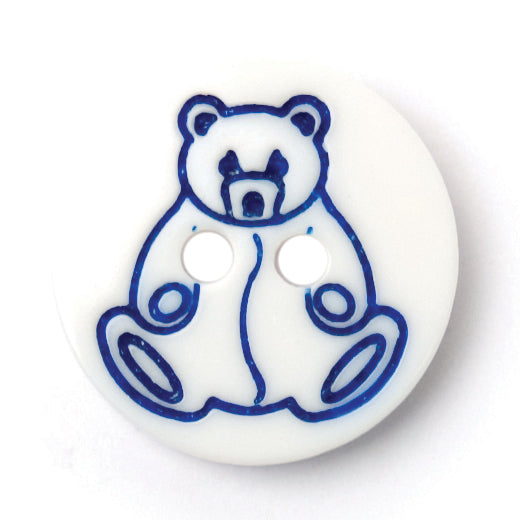 Round white 2-hole button with blue teddy bear print, 15mm