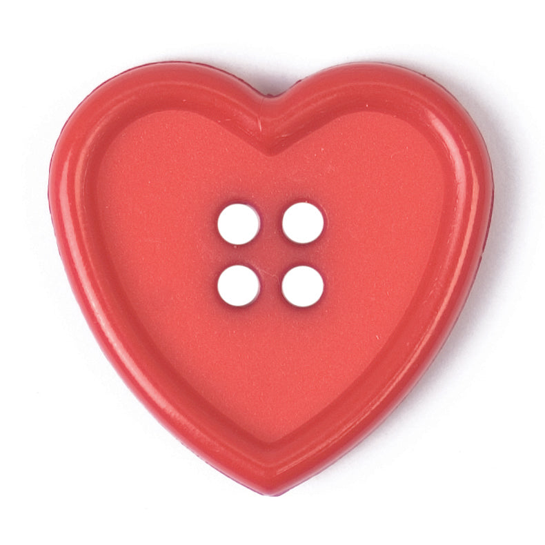 Red Heart Button - red heart shape with a raised rim, 4-hole