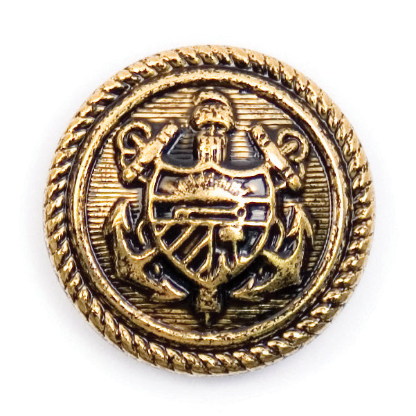 Antique Gold Anchor Crest Button - antique gold-tone with an anchor and shield crest and rope-twist edge, shank fitting