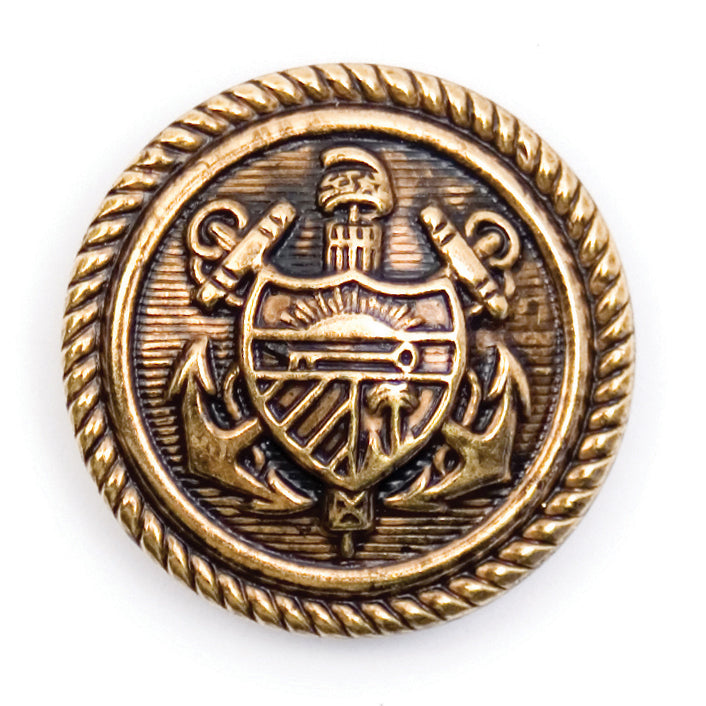 Antique Gold Anchor Crest Button - antique gold-tone with an anchor and shield crest and rope-twist edge, shank fitting