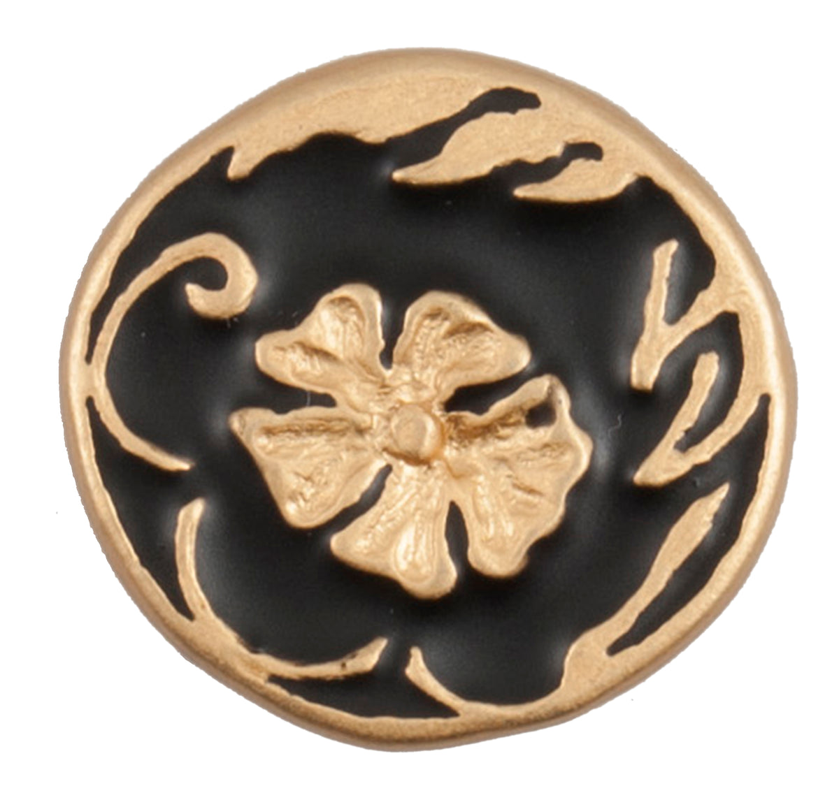 Black buttons with a raised gold flower and gold swirl detail