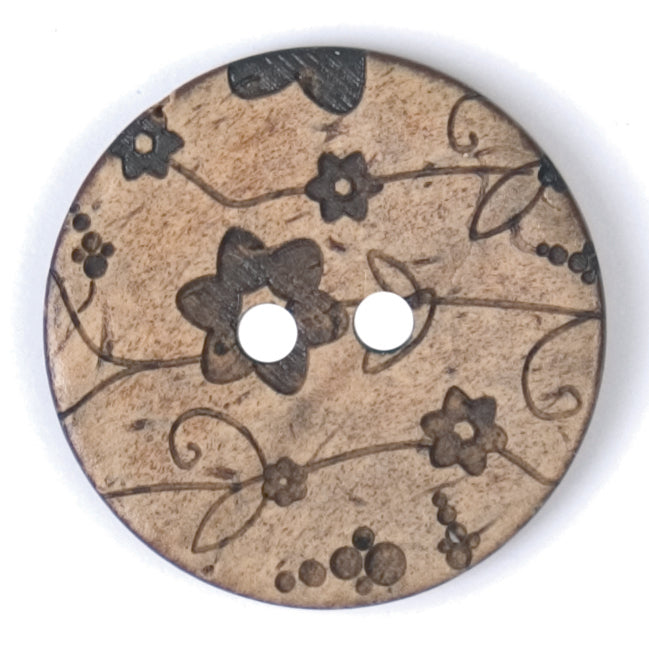 Natural brown 2-hole buttons printed with a dark flower and vine pattern