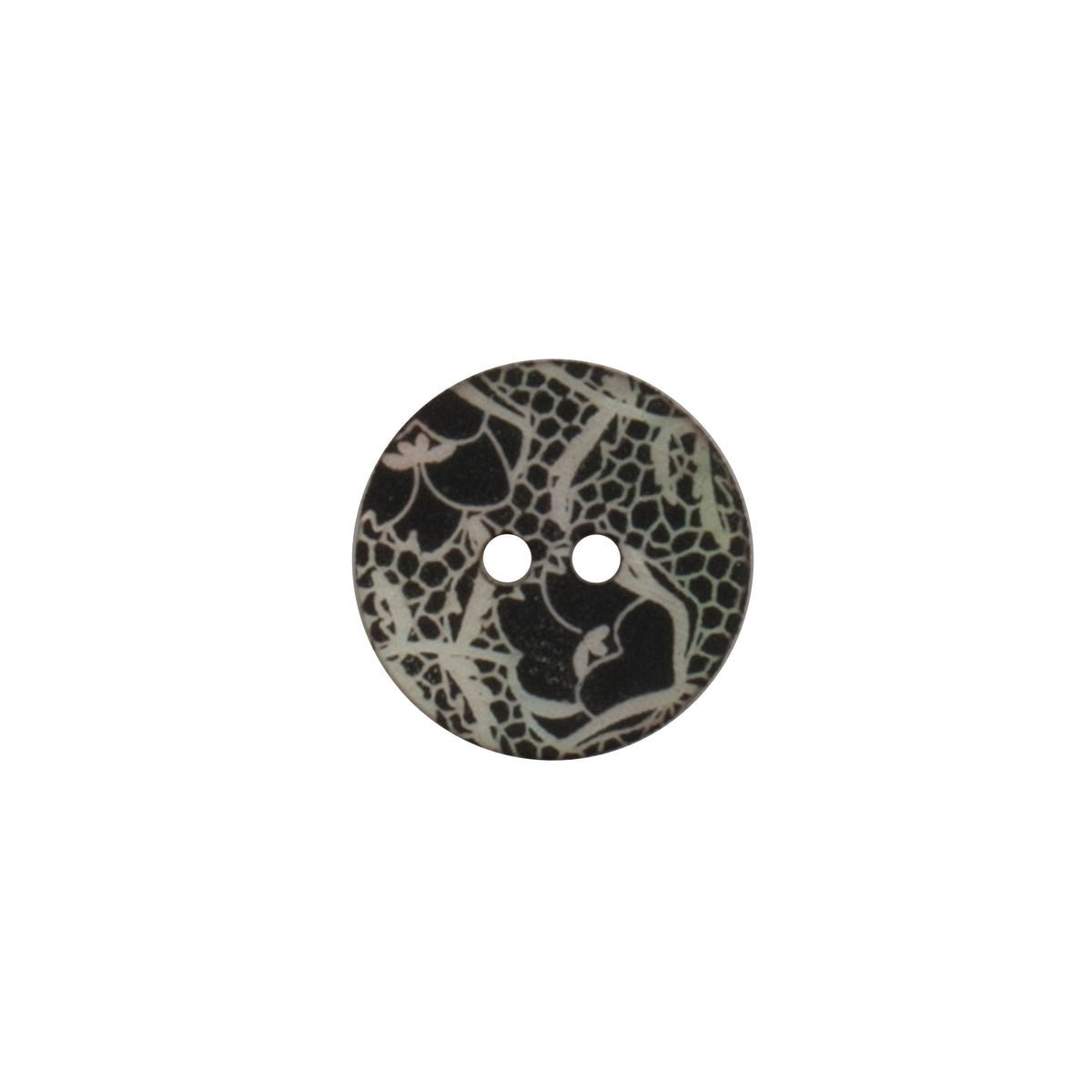 Black 2-hole buttons printed with a grey lace and flower pattern