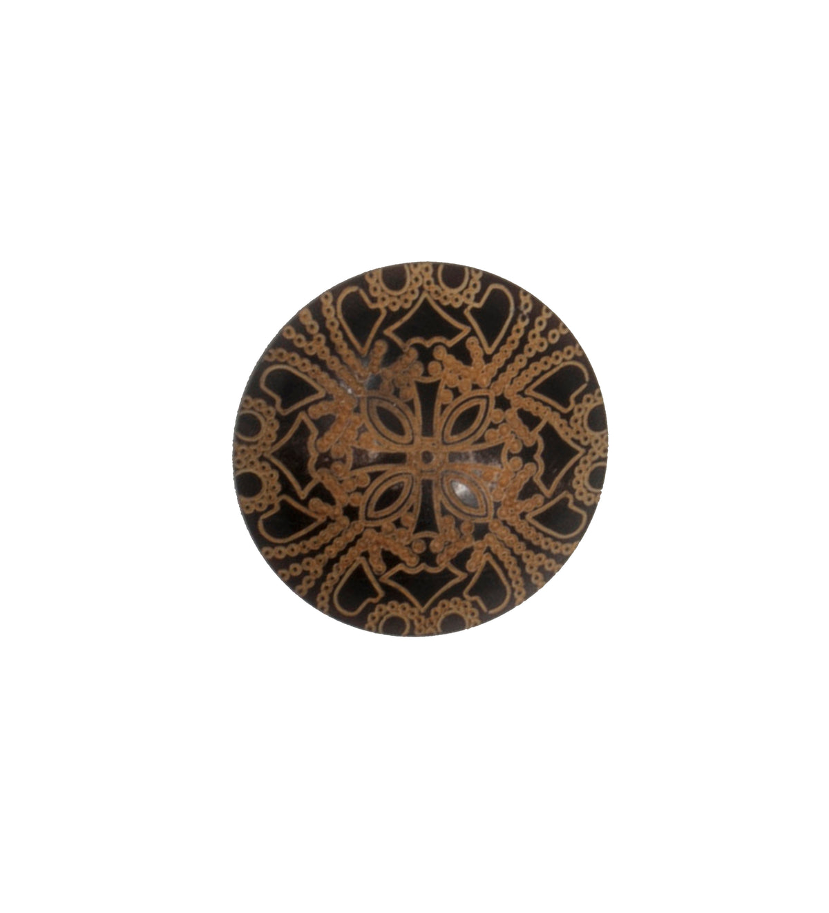Dark brown domed buttons with a gold filigree pattern