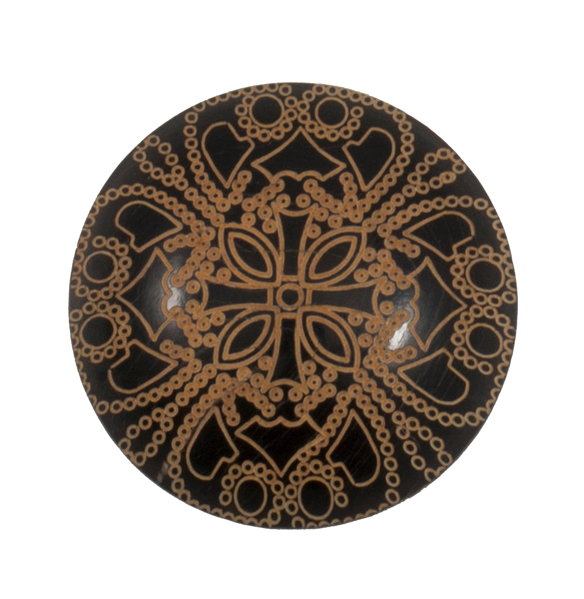Black domed buttons with a gold filigree pattern