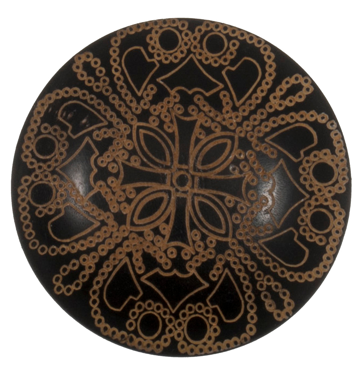 Large black domed button with a gold filigree pattern