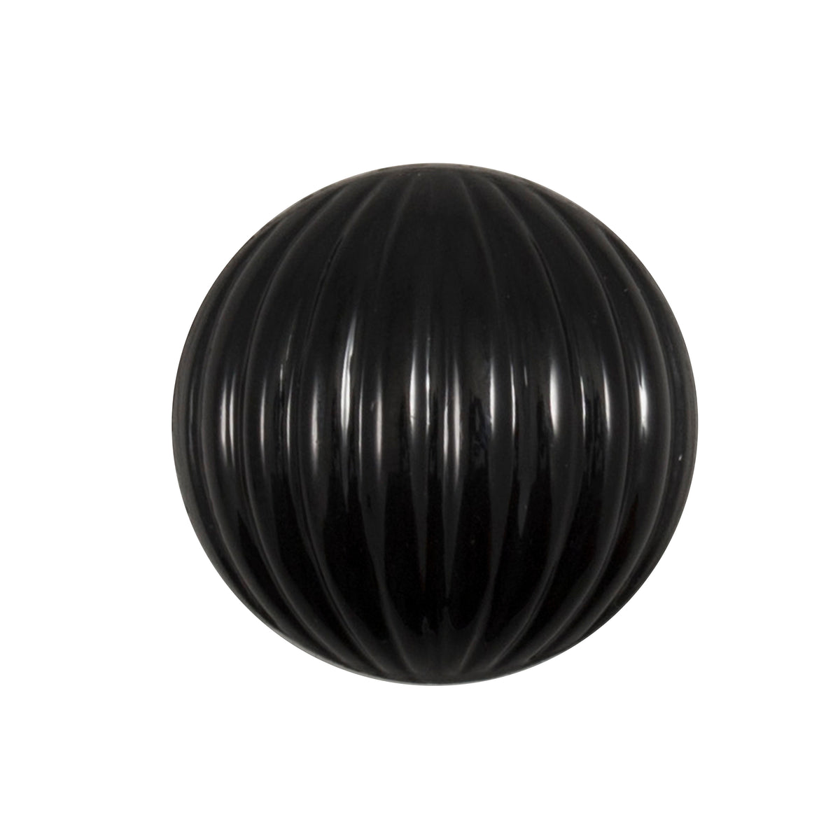 Glossy black domed button with a ribbed finish